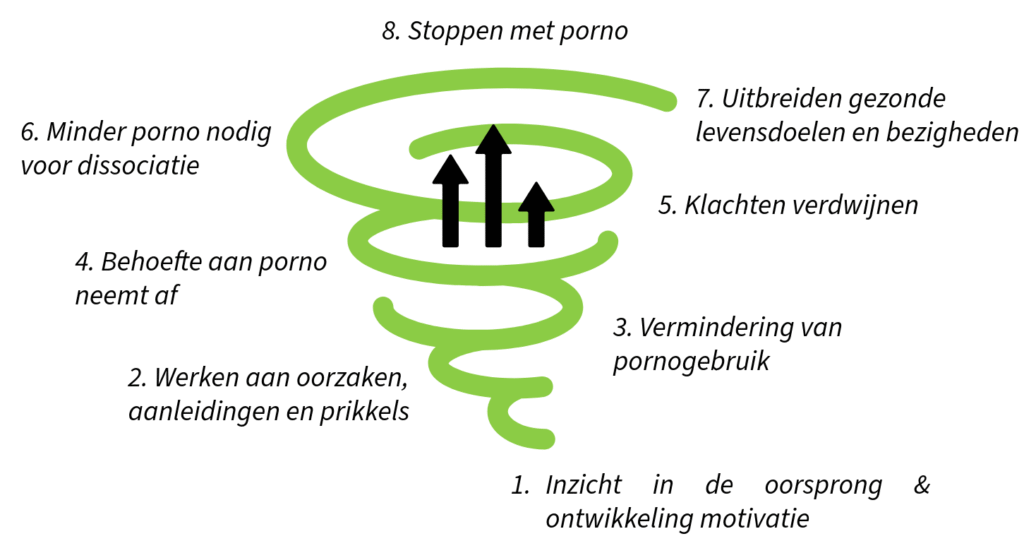 In de opwaartse spiraal van herstel van pornoverslaving versterken de positieve stappen (werken aan de oorzaken, nieuwe doelen) en een vermindering van pornoconsumptie elkaar. Hoe minder porno je kijkt, hoe kleiner je fysieke afhankelijkheid wordt.